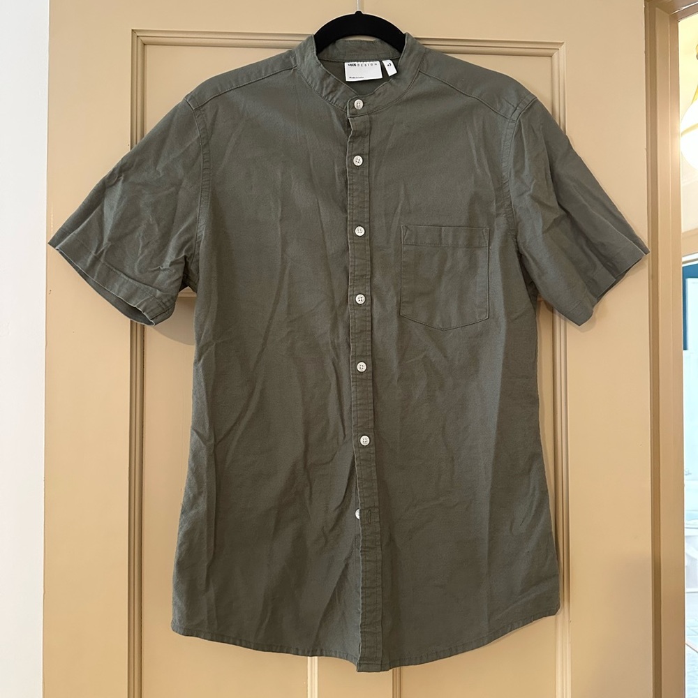 ASOS DESIGN Slim Fit Oxford Shirt In Khaki With Grandad Collar